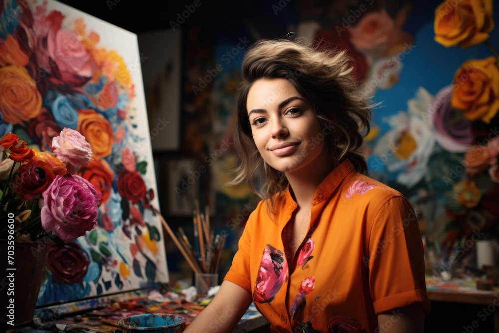 Portrait of a female artist in her vibrant studio, surrounded by her colorful creations