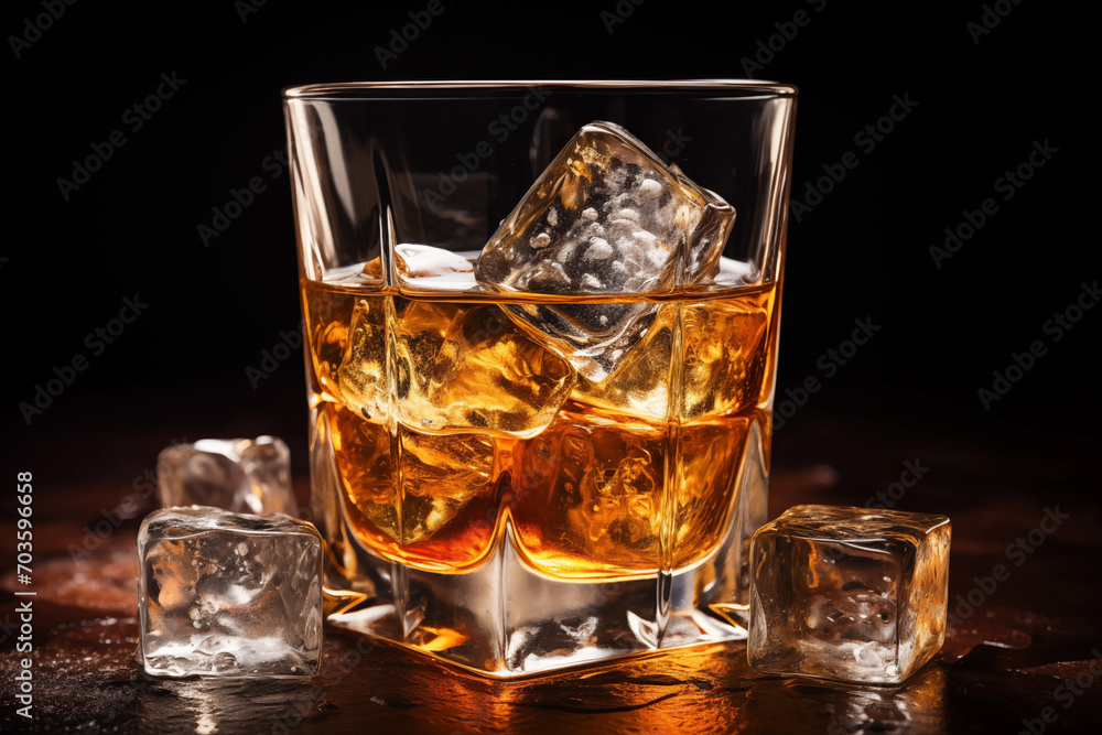 Whiskey on Ice in einem rauchig holzigen Umfeld, Genuss und Lifestyle Whiskey on Ice in einem rauchig holzigen Umfeld, Genuss und Lifestyle