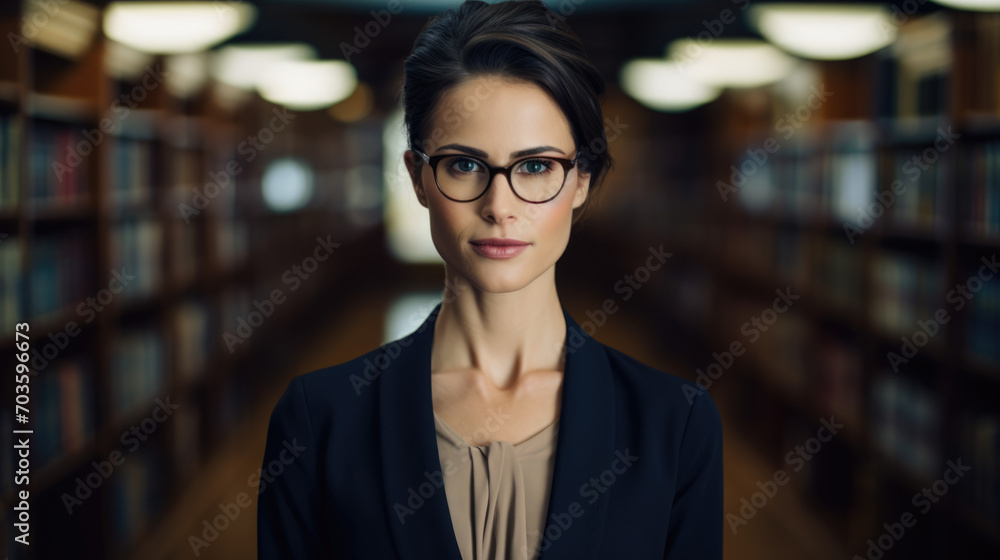 Librarian by Bookshelves in Quiet Library Librarian by Bookshelves in Quiet Library