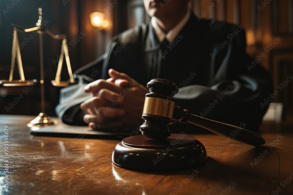 A judge sitting at a table with a gavel. Perfect for legal and courtroom-related projects A judge sitting at a table with a gavel. Perfect for legal and courtroom-related projects