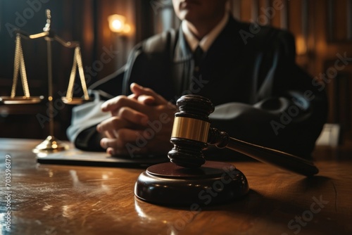 A judge sitting at a table with a gavel. Perfect for legal and courtroom-related projects