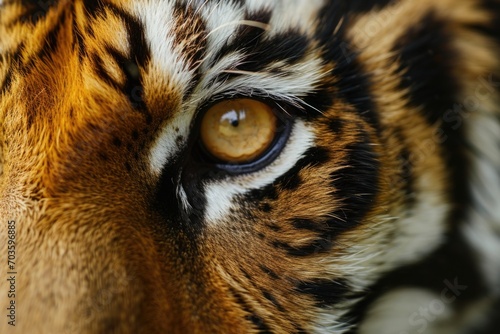 A close-up view of a tiger s eye  showcasing its intricate patterns and vibrant colors. This image can be used to depict the beauty and intensity of nature  or to symbolize focus and determination