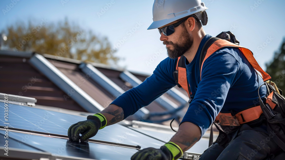 Electrical construction EV contractor wearing hard hat and harness