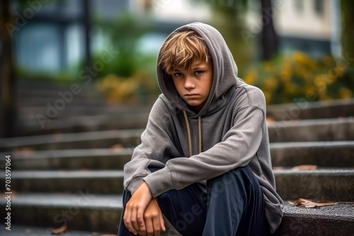 Unhappy looking young teenage boy in a hoodie sitting on some concrete steps looking into the distance sad and emotional young adult male looking very lonely anxiety and mental health concept