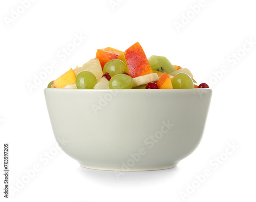 Bowl with fresh fruit salad on white background