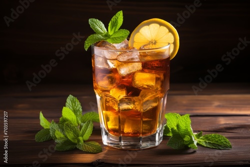 A rejuvenating iced tea garnished with fresh lemon and mint, set against the backdrop of a warm, sunny afternoon