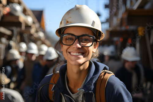 Smiling worker with a yellow construction helmet in warehouse factory