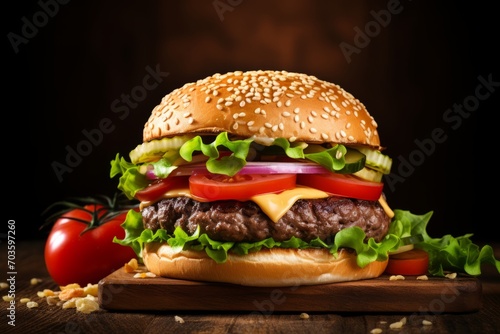 An irresistible hamburger, showcasing a perfect blend of textures and flavors, served on a vintage wooden table