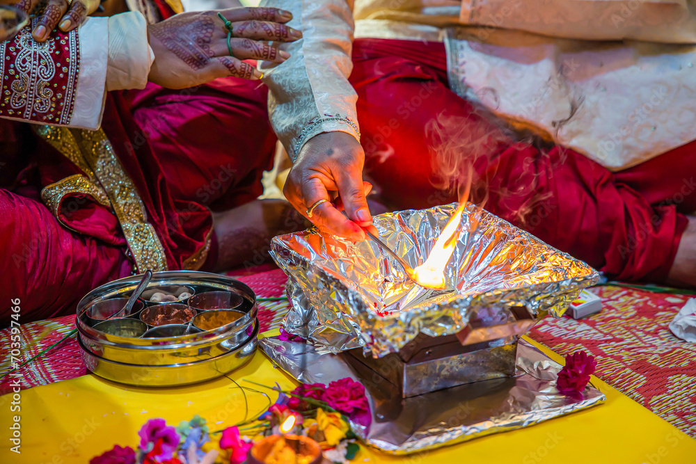 Indian Hindu traditional wedding ceremony sacred fire rituals close up