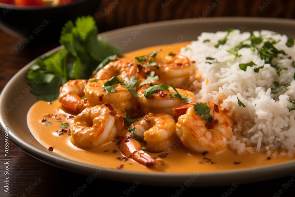 A colorful presentation of traditional Vatapa, a Brazilian shrimp and bread dish enriched with coconut milk and nuts, served alongside hot rice A colorful presentation of traditional Vatapa, a Brazilian shrimp and bread dish enriched with coconut milk and nuts, served alongside hot rice