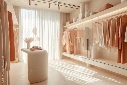 White and pink girl's aesthetic walk in closet room, cabinets with peach fuzz color clothes hanging and a self with flowers and folded clothes. Copy space