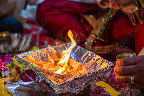 Indian Hindu traditional wedding ceremony sacred fire rituals close up