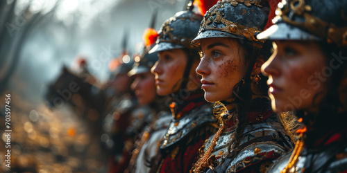 Ancient brave female warriors with helmets on the battlefield ready to attack.