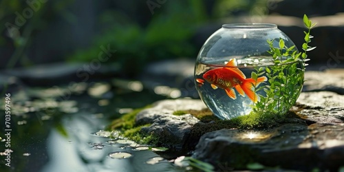 A goldfish swimming in a fish bowl. Perfect for illustrating pet care or relaxation concepts photo