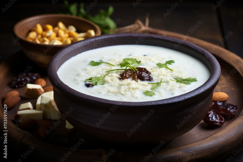 An appetizing dish of Qatiq, a nutritious fermented milk product from Central Asia, on a rustic setting