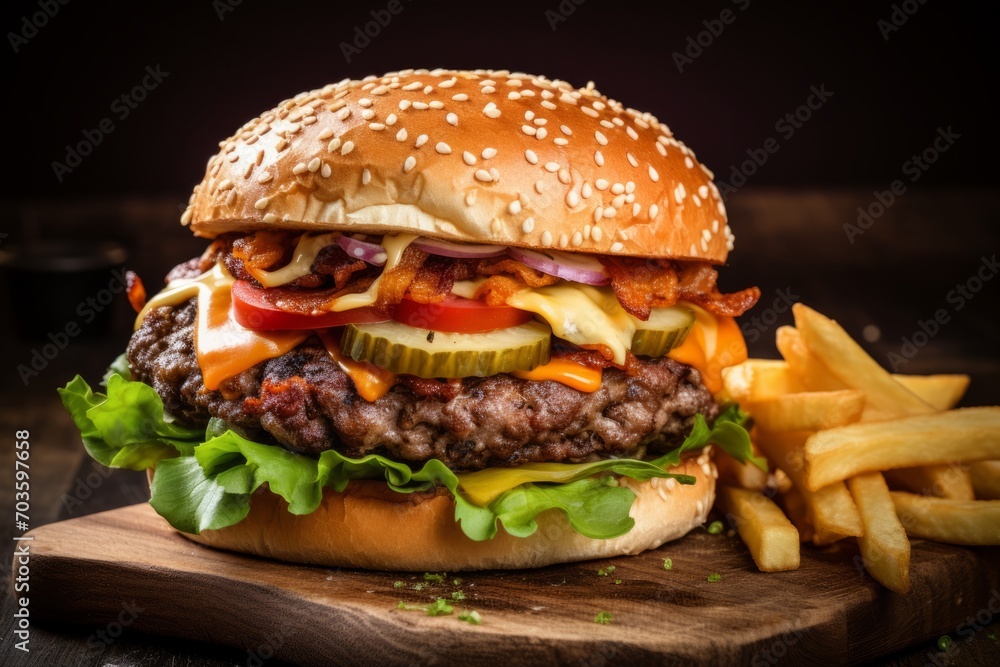 A tantalizing black bun burger with a succulent patty and fresh garnishes, served alongside crispy fries on a rustic table