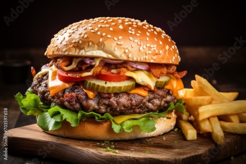 A tantalizing black bun burger with a succulent patty and fresh garnishes, served alongside crispy fries on a rustic table