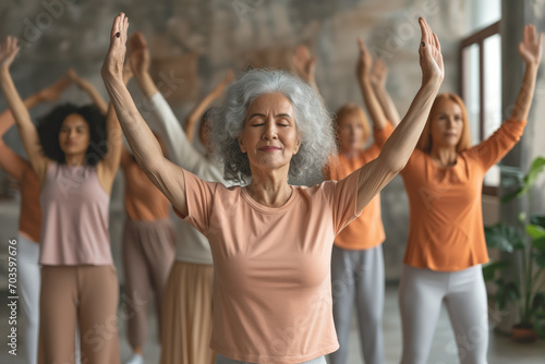 A group of mature women practicing yoga in an indoor space to improve their well-being and mental health, in a calm atmosphere with peach tones.