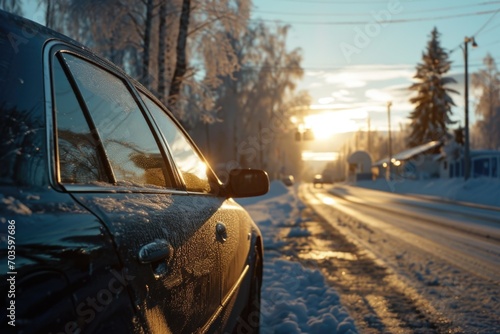 A car is parked on a snowy road. Suitable for winter scenes and transportation concepts
