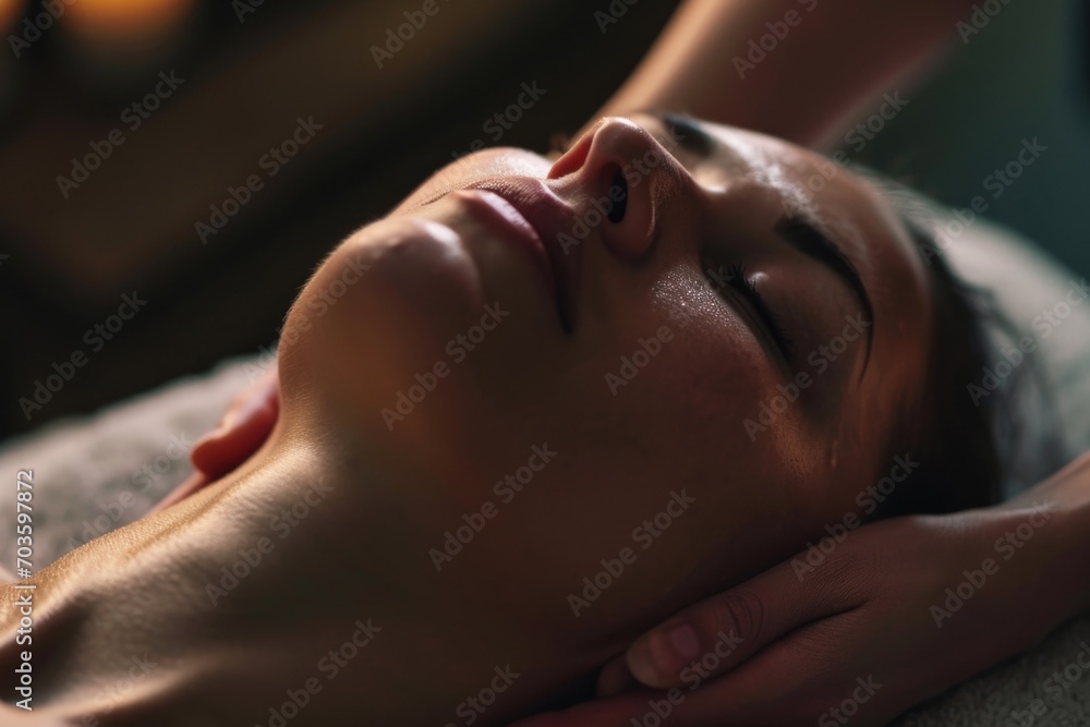 A woman receiving a relaxing facial massage at a spa. Perfect for promoting self-care and wellness services A woman receiving a relaxing facial massage at a spa. Perfect for promoting self-care and wellness services