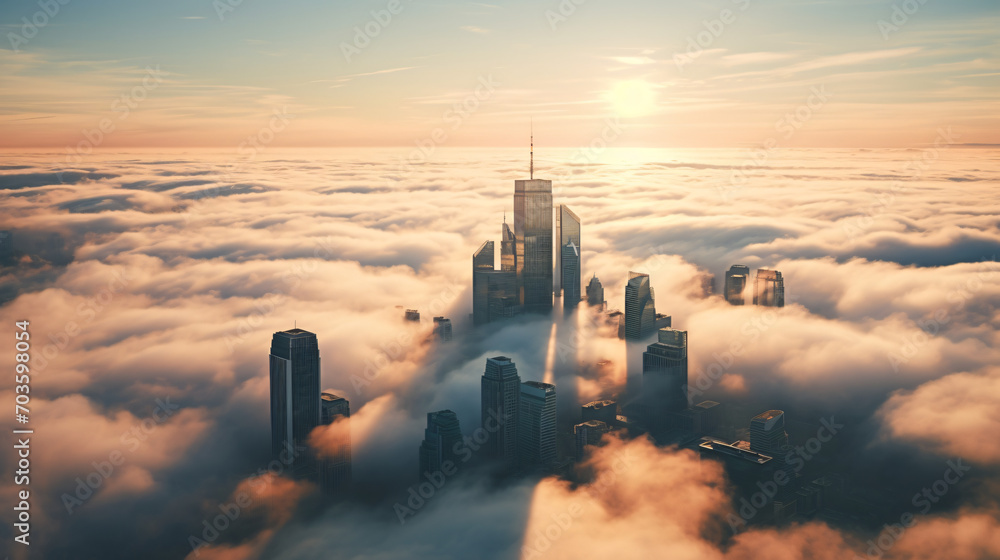The top of a skyscraper peeking through low-hanging clouds at sunrise with the city below just starting to come to life.
