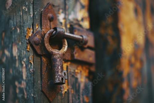 An old rusty lock attached to a wooden door. This image can be used to depict security, old age, or a locked door