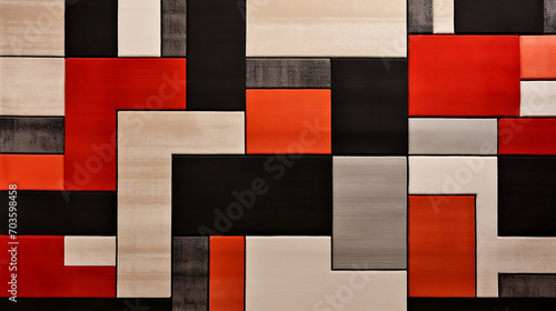An abstract area rug with red, black and white squares, in the style of color-blocked shapes, allover composition, imitated material, contrasting textures, sleek lines