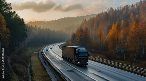Truck on Highway Amidst Autumn Forest at Dawn © marishatti