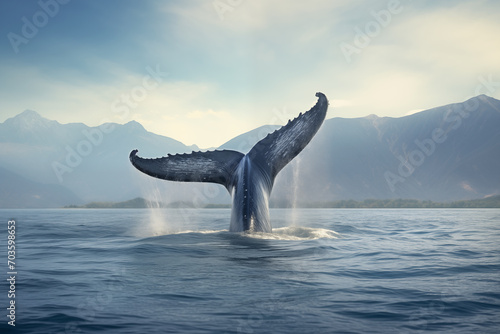 A whale s tail emerges from the ocean, signifying a dive. The backdrop features serene mountains under a clear sky