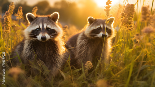 Two raccoons in a field at sunset. Neural network AI generated art