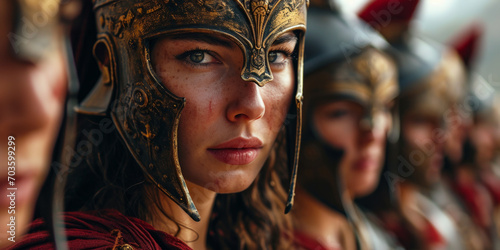 Ancient brave female warriors with helmets on the battlefield ready to attack. photo