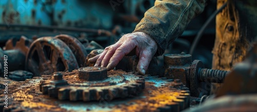 Industrial machine crushed engineer's hand photo