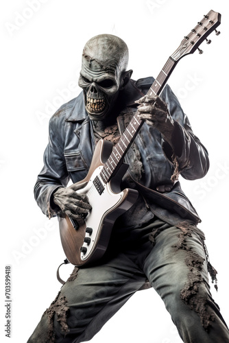 Zombie rocker playing guitar with passion. Isolates over transparent background