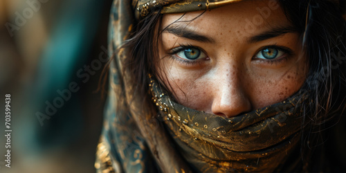 Portrait of beautiful islamic girl with blue eyes wearing scarf and traditional clothes.