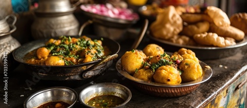 Indian street food, known as panipuri, golgappe, or chaat, includes stuffed panipuri with aloo and sweet tamarind. photo