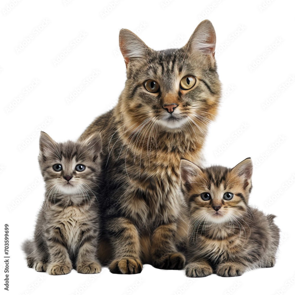 Cat mom with her two kittens. cute portrait over white transparent background