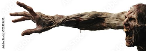 Creepy zombie trying to reach something with hand. Close up panoramic image over white transparent background photo