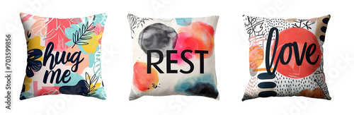 Modern colorful decorative cushions with phrase Hug me, Rest and Love printed. Isolate over transparent background photo