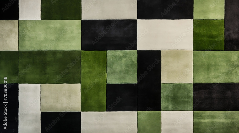 An abstract area rug with green, black and white squares, in the style of color-blocked shapes, allover composition, imitated material, contrasting textures, sleek lines An abstract area rug with green, black and white squares, in the style of color-blocked shapes, allover composition, imitated material, contrasting textures, sleek lines