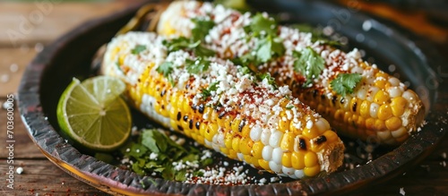 Elote, a Mexican street corn with cotija cheese, cilantro, and chili.