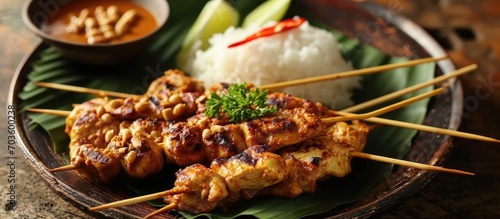 Popular Indonesian street food is chicken satay with peanut sauce and rice cake. photo