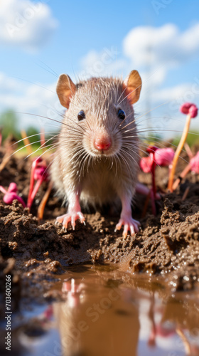 Curious Rat Peering from Garden Soil Amidst Pink Sprouts   © Keyser the Red Beard