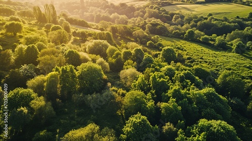 Drone view of amazing green forest with trees and bushes growing in countryside © HM Design