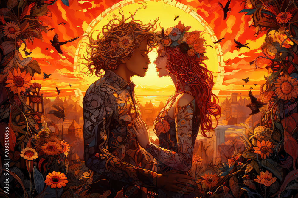 Fantasy Sunset Embrace Between Artistic Lovers