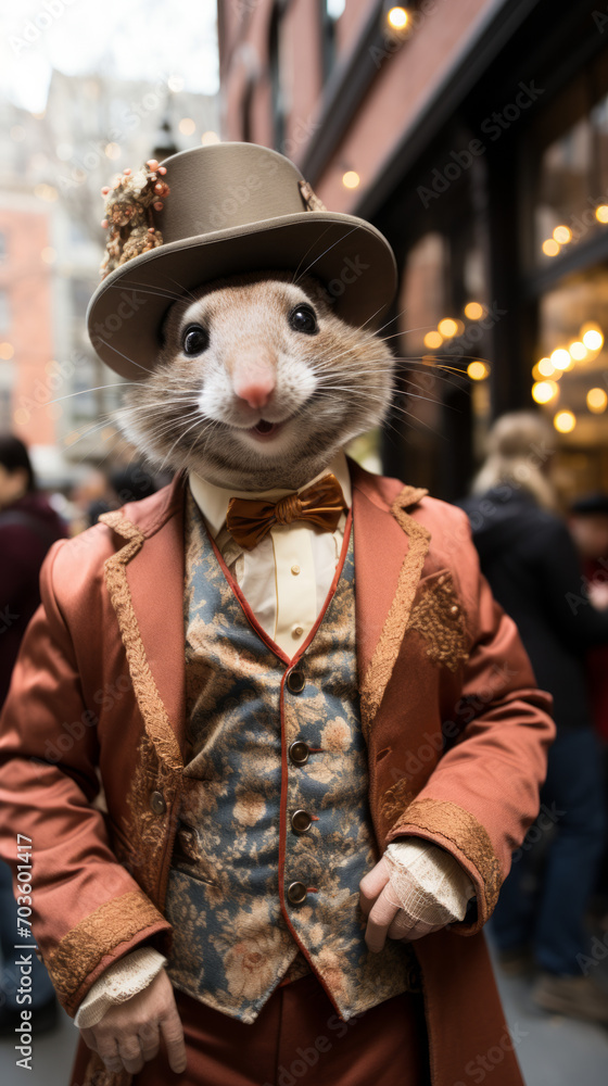 Anthropomorphic Mouse Character in Vintage Suit and Top Hat

