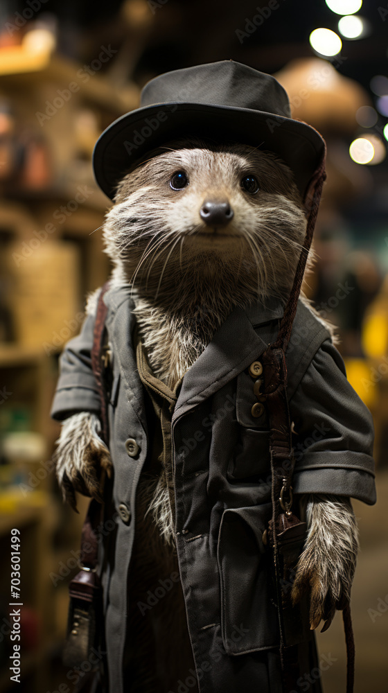 Anthropomorphic Otter Dressed as Detective in Hat and Trench Coat

