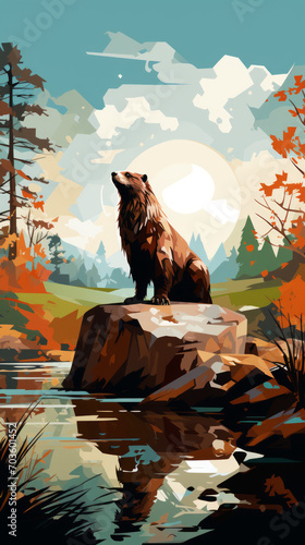 Majestic Bear on a Rock Overlooking a Forest Lake at Sunset