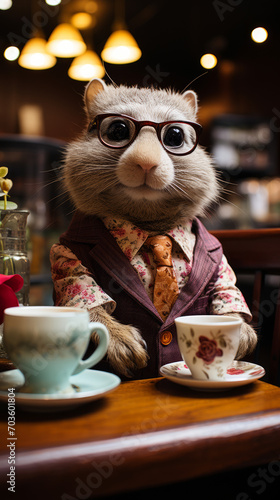 Anthropomorphic Squirrel Enjoying Tea at a Cozy Cafe