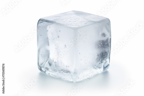 Single ice cube on white background, slightly melting, with bubbles