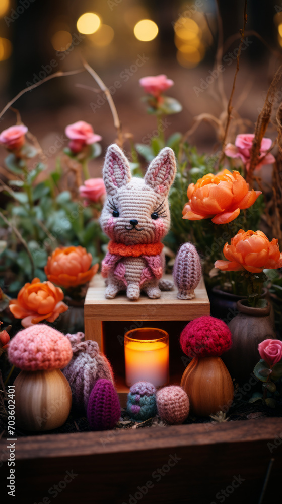 Handmade Crochet Bunny with Autumn Decorations and Candlelight

